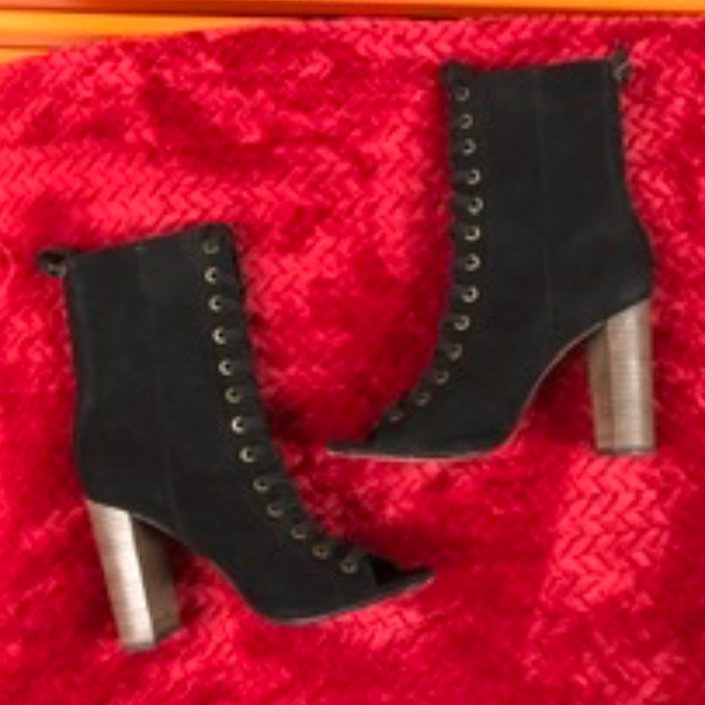 LEATHER Open Toe Lace Up Heeled Boots w Zipper, 9
